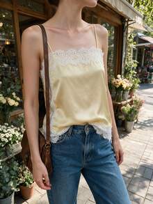 GMFP Yellow Summer/Autumn Eyelash Lace Trim Satin Short Camisole Top, Y2K Back To School Graduation Season Women's Outfit Piece, Halloween Christmas Inner Layer - Yellow - View 4