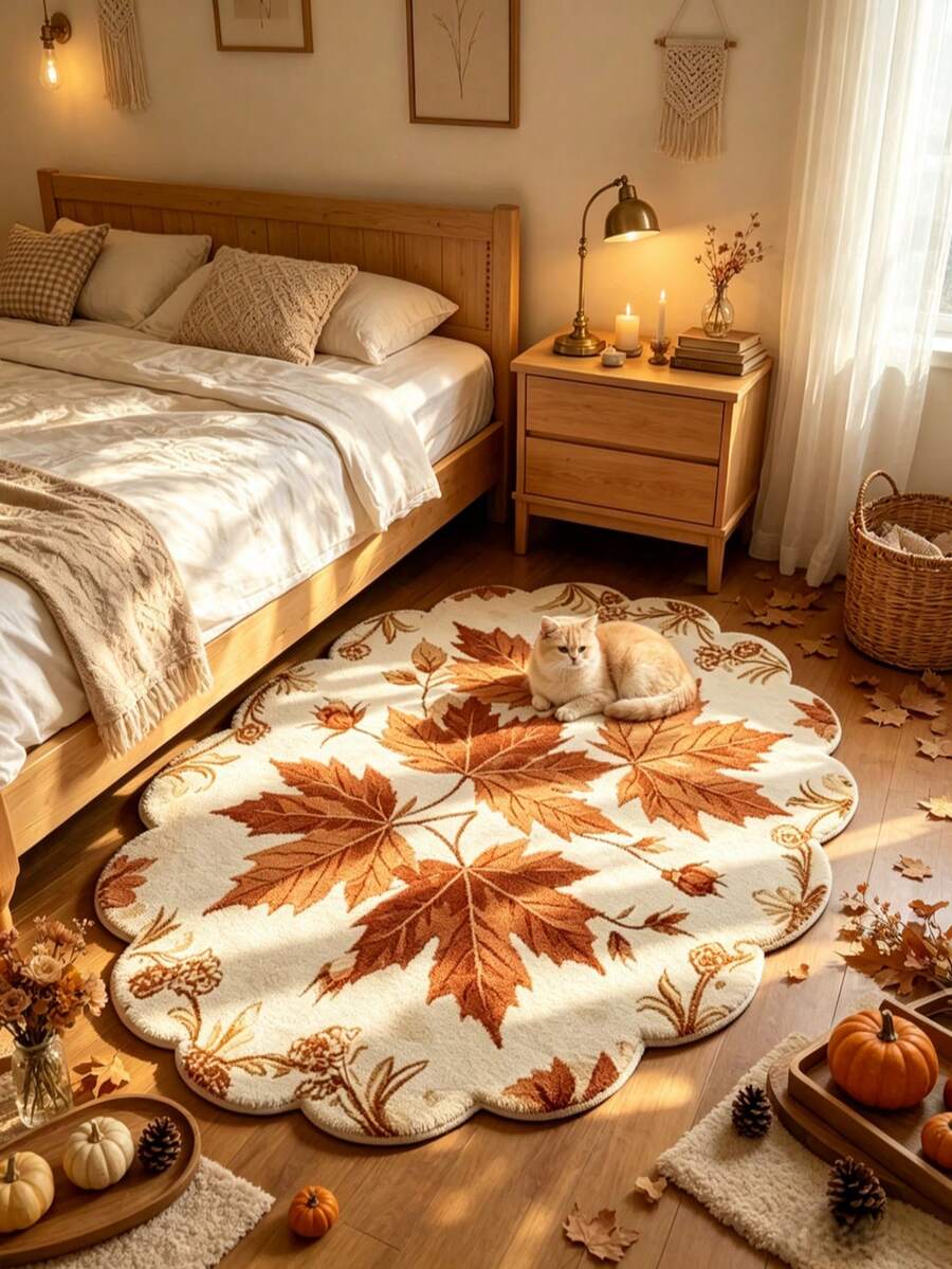 1pc Lace Maple Leaf Shaped Decorative Rug, Floor Mat, Carpet, Living Room Rug, Bedroom Rug, Regular Carpet