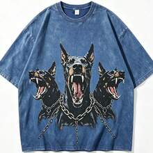 2026 New Arrival Summer Unisex Cerberus Doberman Graphic T-Shirt,Sleeve Tee, Gothic Three-Headed Dog Print Oversized Top For Streetwear - 藍色 - 查看 12