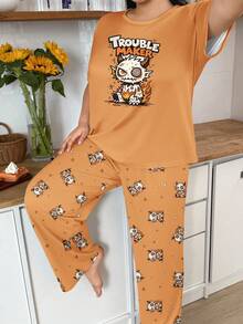 Plus Size Women's Casual Wearable Loungewear Pajama Set, Cute Funny Cartoon Monster Print Short Sleeve Top & Long Pants 2 Pieces Pajama Set - Orange - View 5