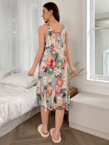 Women's Cute Sweet Vintage Oil Painting Floral Camisole Nightgown, Ruffle Shoulder Straps With Large Bow, Loose Ruffle Hem Mid-Length Loungewear Sleep Dress - Multicolor - View 3