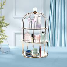 OUKANING Gold 3-Tier Birdcage Makeup Organizer Tray, Iron Crystal Half Open Cosmetic Jewelry Storage Display Rack For Dresser Tabletop Decor - Gold - View 2