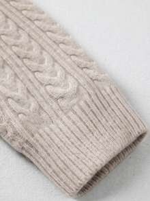Women's Apricot V Neck Cable Knit Sweater, Textured Cropped Long Sleeve Casual Pullover, Versatile Fall Winter Daily Knit Top - Beige - View 8