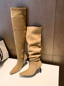 2026 New Khaki Pointed Toe Ruched Stacked Knee-High Boots, Thin High Heel Side Zipper Loose Ruched Slim Long Boots For Women, Autumn/Winter - Khaki - View 3