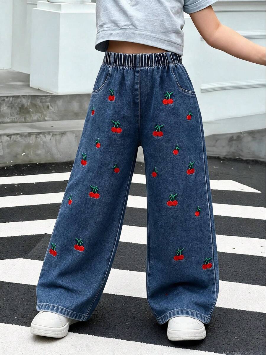 Quần jean ống rộng casual mùa thu cho bé gái lớn, thêu họa tiết anh đào toàn thân, cạp chun, vải denim wash, quần dài dáng rộng - Màu xanh lam - Xem 1
