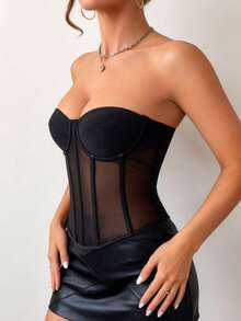 Luna Muse Damen Frühling/Sommer neues schwarzes Mesh transparentes Bandeau Bustier Top, Palaststil figurbetontes Korsett mit Fischgräten-Design, Y2K sexy auffälliges trägerloses Crop Top, cooler raffinierter Vibe, geeignet für Alltag, Lässig, Party, Urlaub, Date, Straße, Performance, Show, Outdoor, Schulanfang, Punk-Stil, Thanksgiving, Musikfestival, Halloween, Weihnachten, Valentinstag, Neujahr, Party-Outfits - Schwarz - Übersicht 5