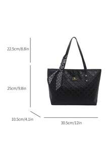 1pc Black Silk Scarf Decor Large Capacity Quilted PU Tote Bag Women's Shoulder Bag - Black - View 6