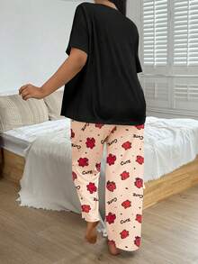 Plus Size Women's Casual Loungewear Pajama Set, Cute Funny Cartoon Monster Print Short Sleeve Top & Long Pants 2 Pieces Pajama Set - Black - View 2
