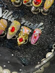 10pcs Handmade Fully Covered Almond Nails Press On Nails, Purple&Gold Colors, Silver Cat Eyes, Fine Glitter,Removable For Party,Dance,Daily Wear, Cosplay,With Jelly Glue And Nail File,Elegant Noble Vintage Gem Nail For Retro Luxury Style Women - Multicolor - View 7