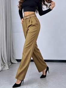 Pantalones de traje de pierna ancha de cintura alta para mujer, caído y que afina la figura, pantalones largos ligeramente acampanados con cinturón, pantalones de oficina - Caqui - Ver 3