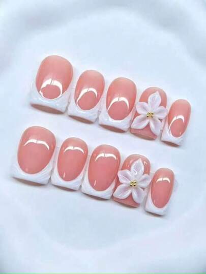 Handmade Press-On Nails, Short Square Shape, Nude Textured White French Style, 3D White Flower Decor, Elegant Sweet Bridal Style, Suitable For Wedding, Date, Daily Wear, Romantic Nail Art, Summer Outing, Graduation Party, Music Festival, Back To School, Y2K Baddie Style