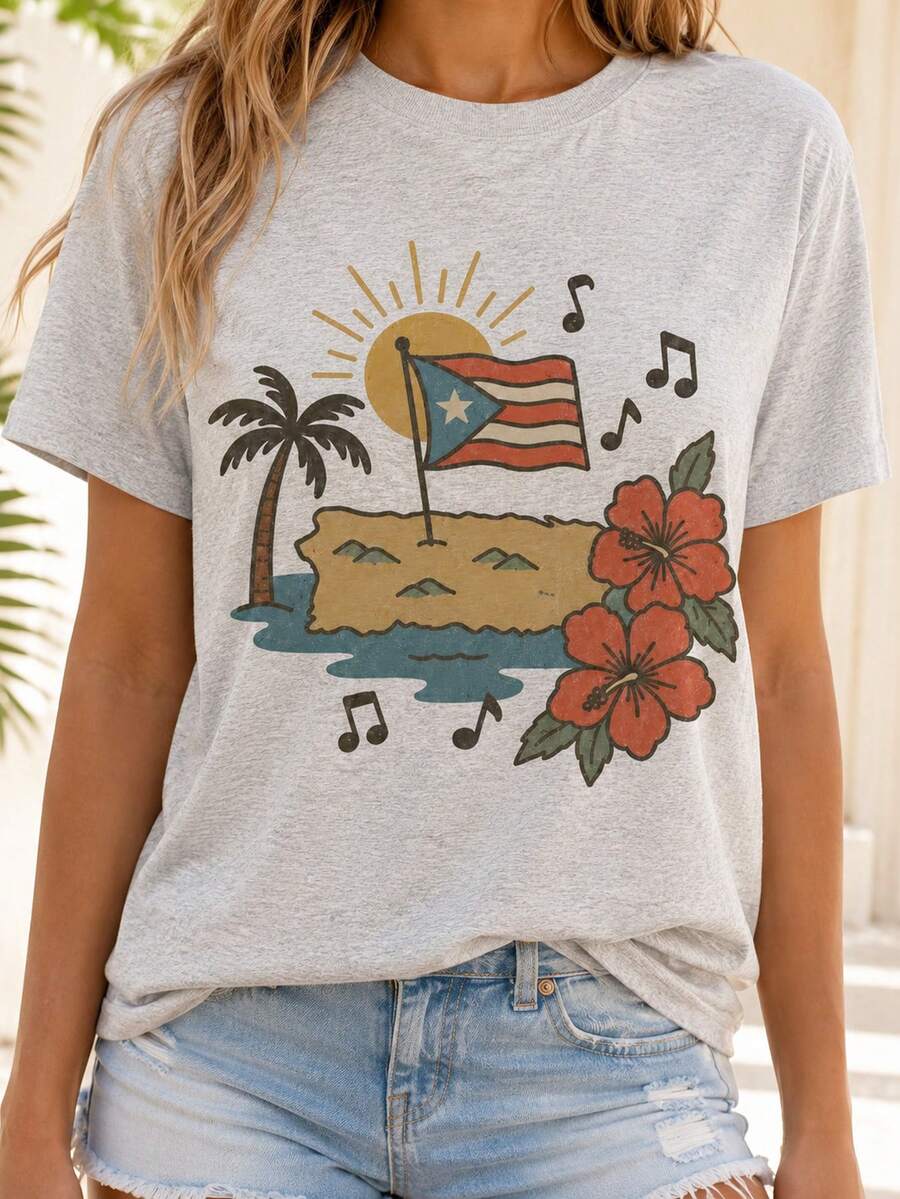 Women's Casual Cotton Round Neck Short Sleeve T-Shirt With Puerto Rico Island Graphic, Perfect For Summer Beach Trips - 淺灰色 - 查看 1