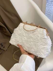 Dedoo 3D Rose Oval Hard Frame Clutch, Rhinestone Kiss Lock, Detachable Chain, Sweet Romantic Women's Handbag, Suitable For Bride Formal Occasions (Random Pattern) - White - View 5