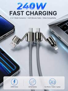 4合1多功能充電線，USB-A/USB-C輸入轉USB-C/Lightning輸出，最高240W USB-C轉USB-C快充，柔軟矽膠充電線配金屬接頭，適用於手機、平板電腦和筆記本電腦 - 灰色 - 查看 1
