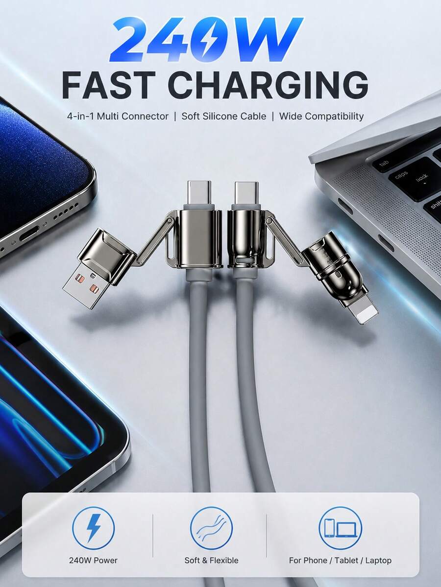4合1多功能充電線,USB-A/USB-C輸入轉USB-C/Lightning輸出,最高240W USB-C轉USB-C快充,柔軟矽膠充電線配金屬接頭,適用於手機、平板電腦和筆記本電腦 - 灰色 - 查看 1
