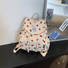 草莓印花燈芯絨抽繩收口後背包，可愛日系少女學生包，輕量帆布後背包附貓咪貼布與側邊口袋 - 紅白色 - 查看 5