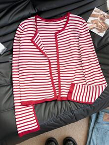 Cardigan Manis Bergaris Y2K dengan Trim Kontras, Rajutan Berusuk, Lengan Panjang, Manset Berbelah, Potongan Ramping, Atasan Sweater Pendek untuk Wanita Warna Merah Musim Gugur - Merah - View 7