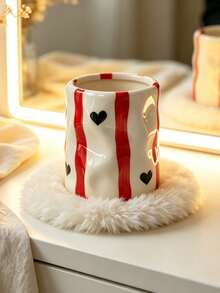 Hand Drawn Striped Heart Ceramic Makeup Brush Holder, Wavy Texture Cosmetic Organizer Cup, Aesthetic Vanity Desk Storage Pot, Cute Decorative Pen Holder For Bedroom Dresser - Multicolor - View 18