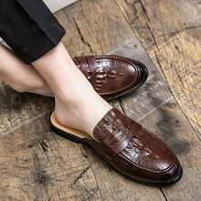 Brown Crocodile Embossed Penny Mule Loafers Men's Backless Slip-On Shoes Party Versatile Casual Men's Shoes - Brown - View 4