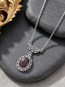 Vintage Gothic Victorian Purple Oval Crystal Pendant Necklace Silver Color Bat Pattern Chain Necklace Women Dark Aesthetic Party Witch Jewelry Gift - Pendant Necklace - View 5
