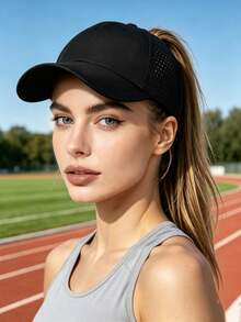1 pieza Gorra de béisbol de malla transpirable de secado rápido de unicolor con cola de caballo y visera de pato ajustable - Gorra de béisbol de secado rápido para coleta - Ver 2