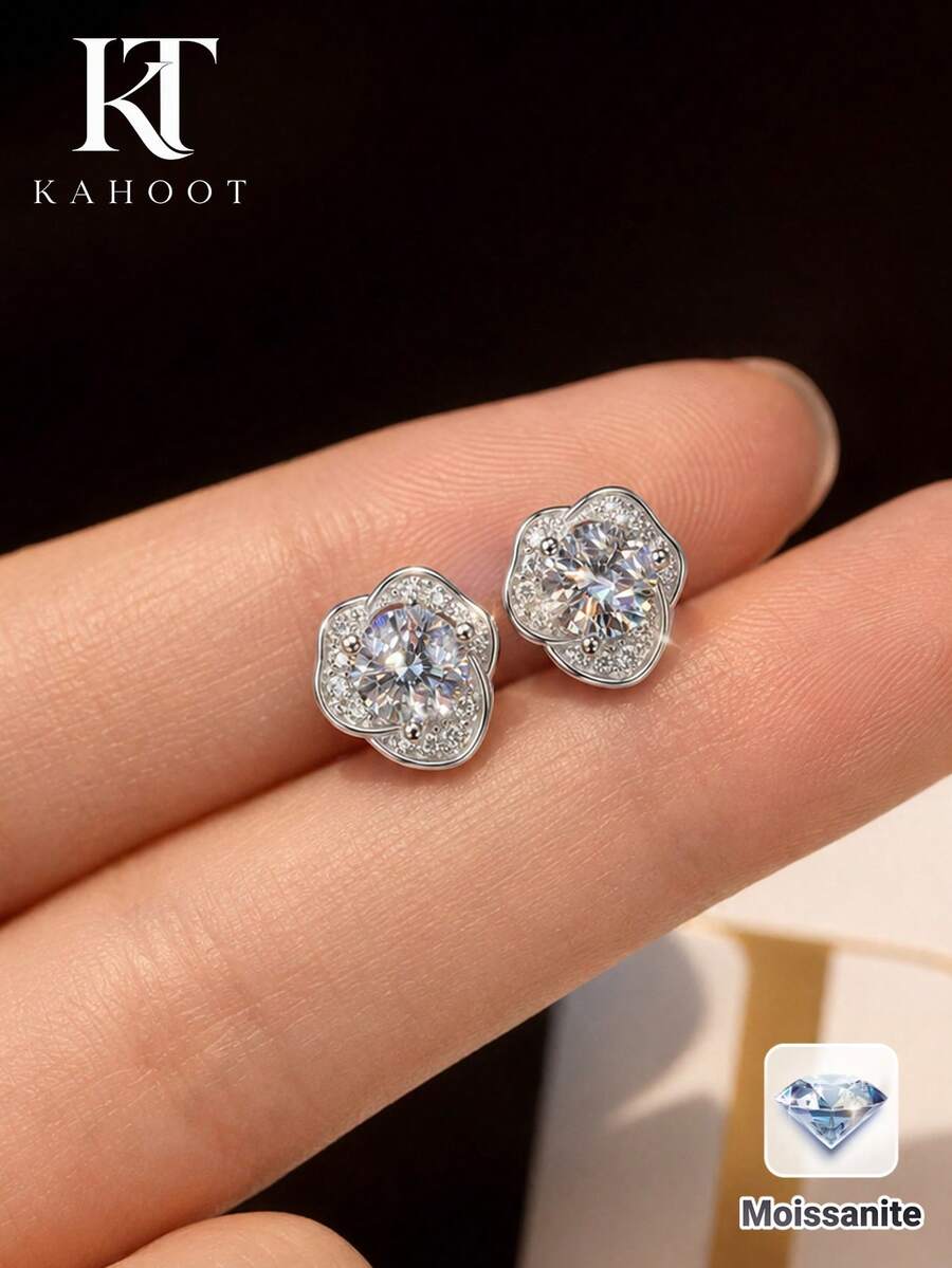 KAHOOT 女款 925 銀 0.5 克拉圓形山茶花花瓣造型耳釘耳環一對，適合日常配戴、婚禮、宴會與派對