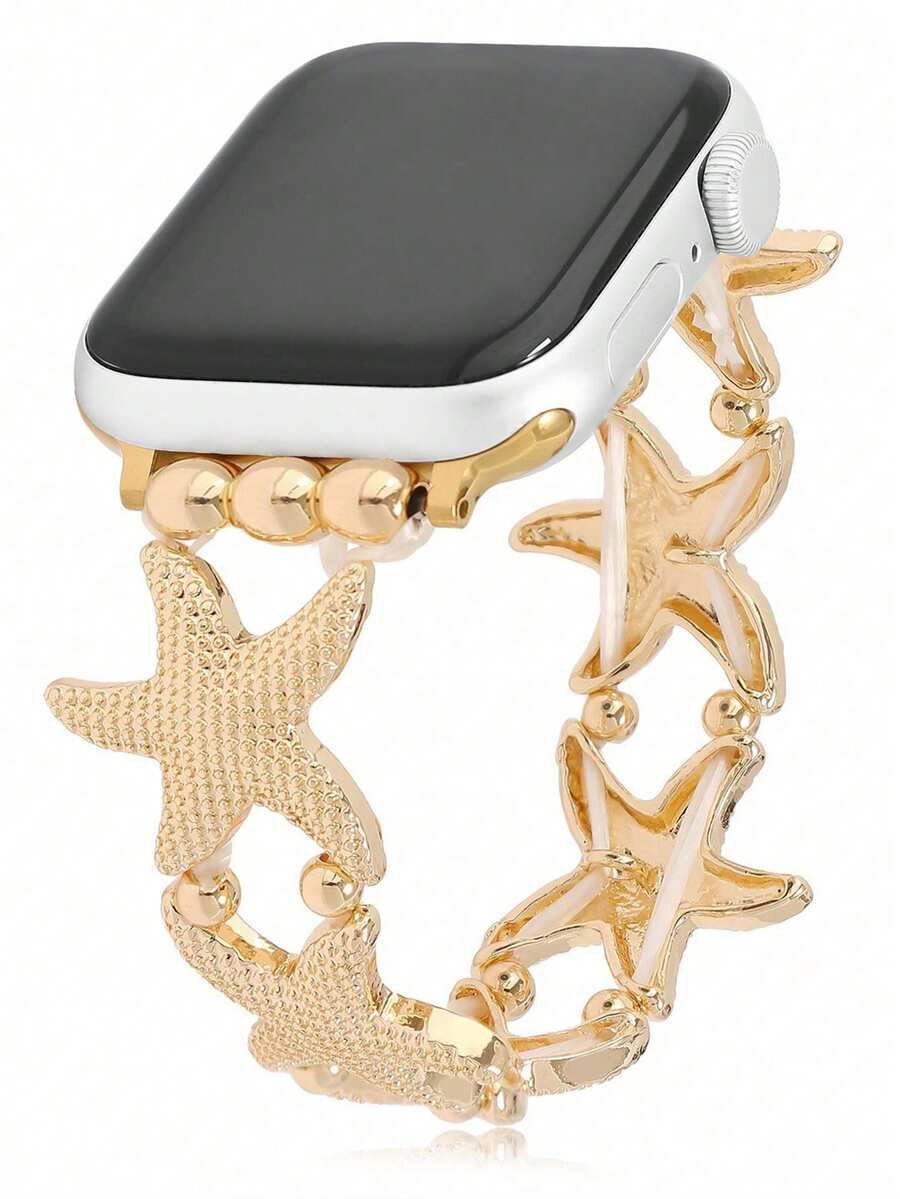Vacation Style Beach Starfish Geometric Beaded Design Women's Watch Band Compatible With Apple Watch, Daily Design Accessory Decoration - Golden - View 1