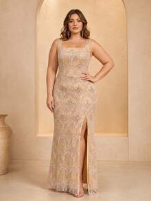 VIPGIRL Apricot Women's Long Knit Evening Dress, Decorated With Beaded Details And Lace-Up Back, Elegant Plus Size Ball Gown - Apricot - View 1