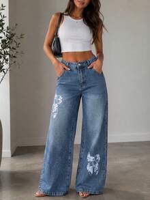 Celana Jeans Denim Wanita Motif Kupu-kupu Vintage yang Dicuci - Medium Wash - View 2