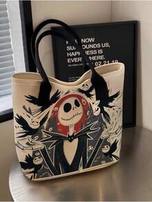 Disney Halloween-Themed Portable Vintage Cartoon Skeleton Jack And Sally Collage Print Handbag, Suitable For Girls And Women - Black - View 8