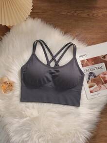 1pc Seamless Cross Back Solid Color Wireless Push-Up Comfortable Sports Bra Lifting Everyday Underwear - Dusty Blue - View 6