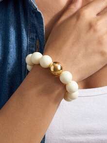 1pc Exaggerated Beige Large Round Bead Bracelet Minimalist Dopamine Candy Color Bold Round Bead Bracelet Versatile Daily Wear Women Summer Style - White - View 4