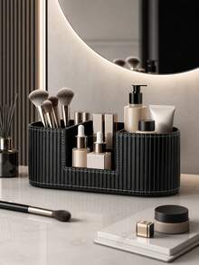 Light Luxury Style PU Leather Makeup Organizer Box, 3 Compartments, Desktop Vanity Makeup Brush & Lipstick Holder,Bedroom Room Decor,Back To School - View 9
