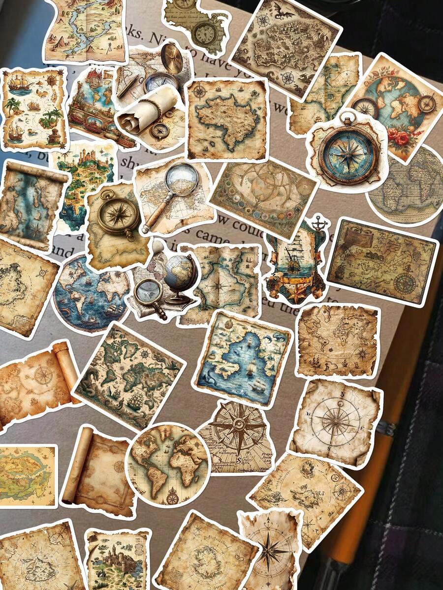 50pcs Vintage World Map Travel Stickers For Scrapbooking, Journaling, Planner, Tablet, Laptop, Phone Case, Guitar, Skateboard - Map - View 1