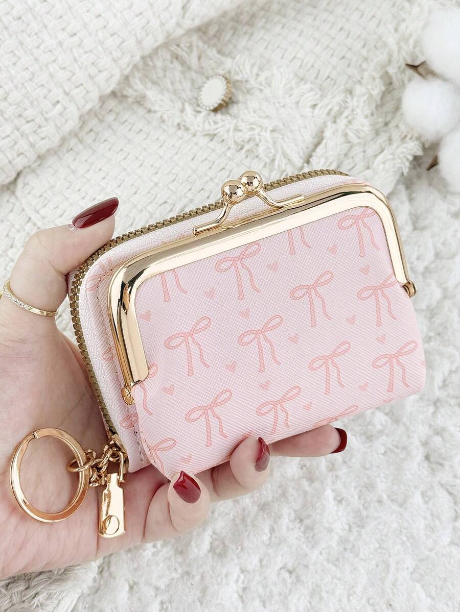 With A Chain Keychain, Fashionable Bow Print Zipper Credit Card Storage Bag With Multiple Compartments, Suitable For Travel