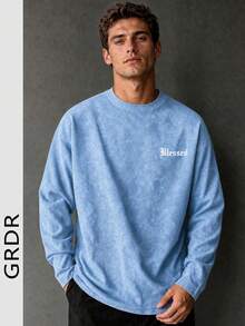GRDR American Vintage Light Blue Tie-Dye Distressed Minimalist Letter Print Casual Long Sleeve Top - Dusty Blue - View 2