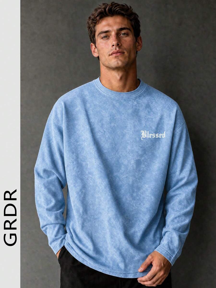 GRDR American Vintage Light Blue Tie-Dye Distressed Minimalist Letter Print Casual Long Sleeve Top - Dusty Blue - View 1