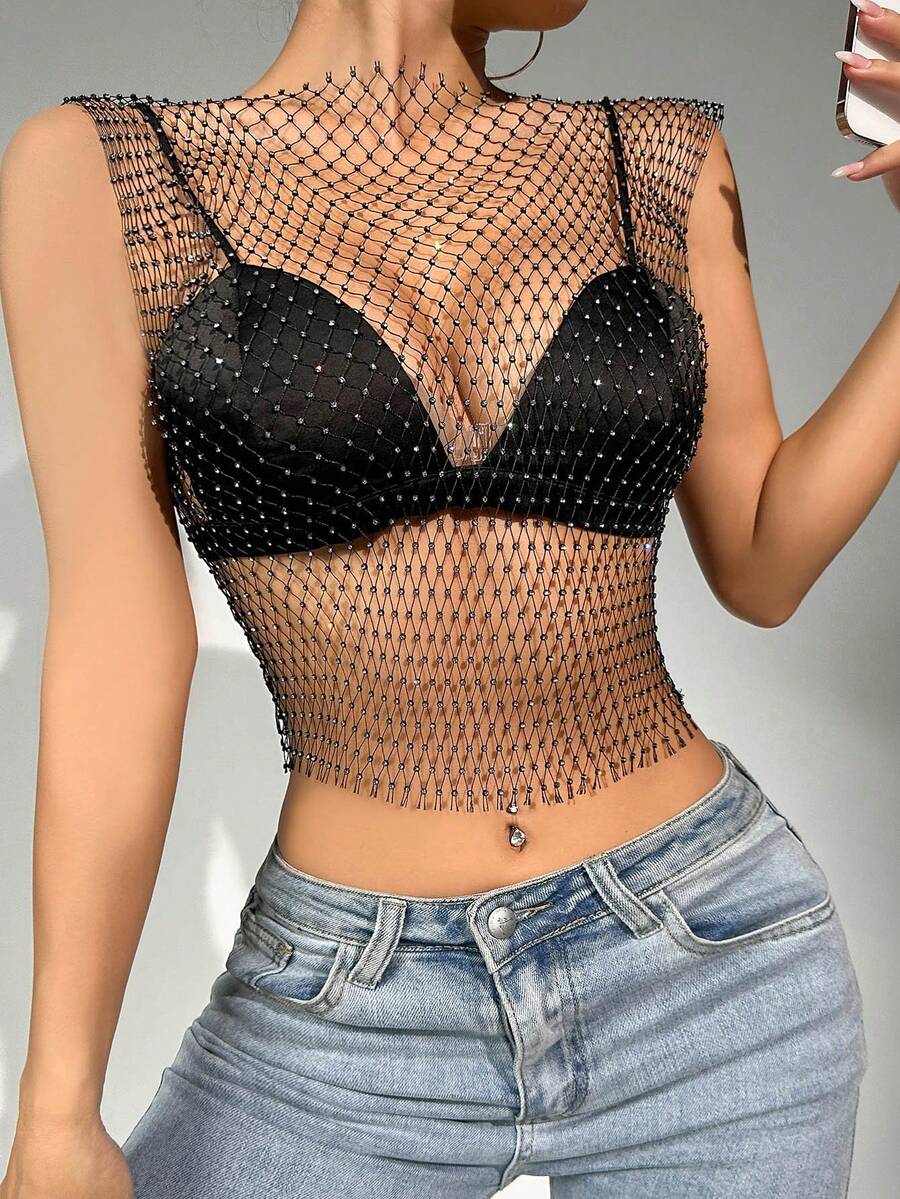 A Piece Women Rhinestone Decor Fishnet Tank Top Without Bra Sexy Party Accessories,Summer Beach Style,Breathable, Sparkling And Charming Tank Top - Black - View 1