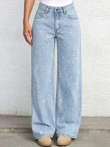Teen Girls Fashion Rhinestone Loose Wide Leg Denim Jeans - Light Wash - View 3