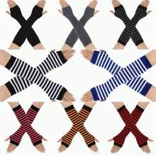 1 Pair Punk Striped Knit Fingerless Gloves, Elastic Sun Protection, Mid-Length Hip-Hop Decorative Gloves For Women And Men, Suitable For Outdoor, Driving, Travel - Multicolor - View 3