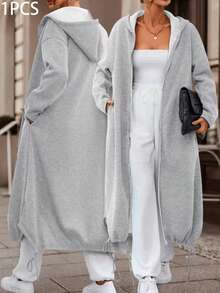 Plus Size Women's Ribbed Knit Hooded Long Jacket With Zipper And Pockets, Casual Drop Shoulder Design, Plus Size Outerwear, Suitable For Autumn/Winter Wear - Grey - View 4