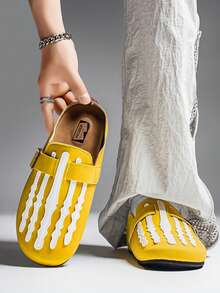 Halloween Skeleton Claw Pattern Men's Sandals, Closed Toe Mule Shoes With Adjustable Buckle, Suede Backless Design, Slip-On Casual Flat Half-Slippers - Yellow - View 7