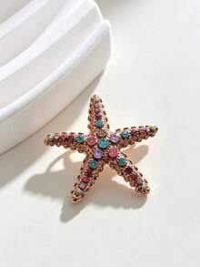 Oil Drop Marine Life Brooch, Starfish Shell Fashion Pin With Rhinestone And Pearl Embellishments - Orange Starfish - View 2