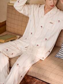 Gongdie 2pcs/Set Couple Men's Pajama Set, Spring/Autumn Cream White Soft Cotton Loungewear, Vertical Stripes & Dachshund Print - Beige - View 4