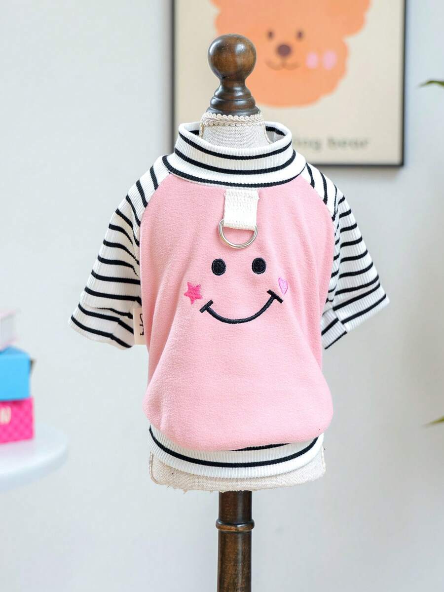 1PC Pet Clothes 2026 Autumn/Winter New Arrival Small Dog Puppy Cat Cute Color Block Patchwork Embroidered Pattern Expression Doll Crew Neck T-Shirt - Pink - Multicolor - View 1