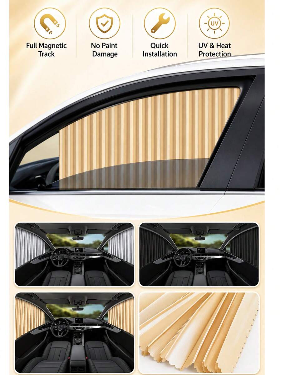 4pcs Front + Rear Car Sun Shade Curtains, Auto-Retractable Magnetic Track Universal Car Window Curtains, UV Protection & Heat Insulation - Magnetic Universal Car Window Sunshade - View 1