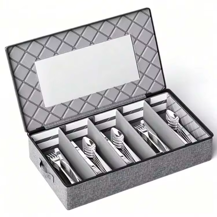 1pc 5-Compartment Large Capacity Dust-Proof Transparent Lid Linen Fabric Cutlery Organizer, Modern Minimalist Pure Gray Rectangular Quilted Diamond Stitch Lining Side Handle Removable Divider Knife Fork Spoon Sorting Storage Box For Kitchen Cabinet Drawer Dining Room Housewarming Wedding Gift - View 7