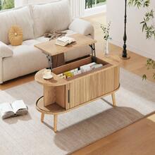 Lift Up Oval Coffee Table With Hidden Storage, Centre Table, Lifting Sofa Side Table, Space-Saving End Table For Living Room Bedroom, Reception, Tea Table, 120 X 50 X 39.5cm, Natural Wood - Multicolor - View 1