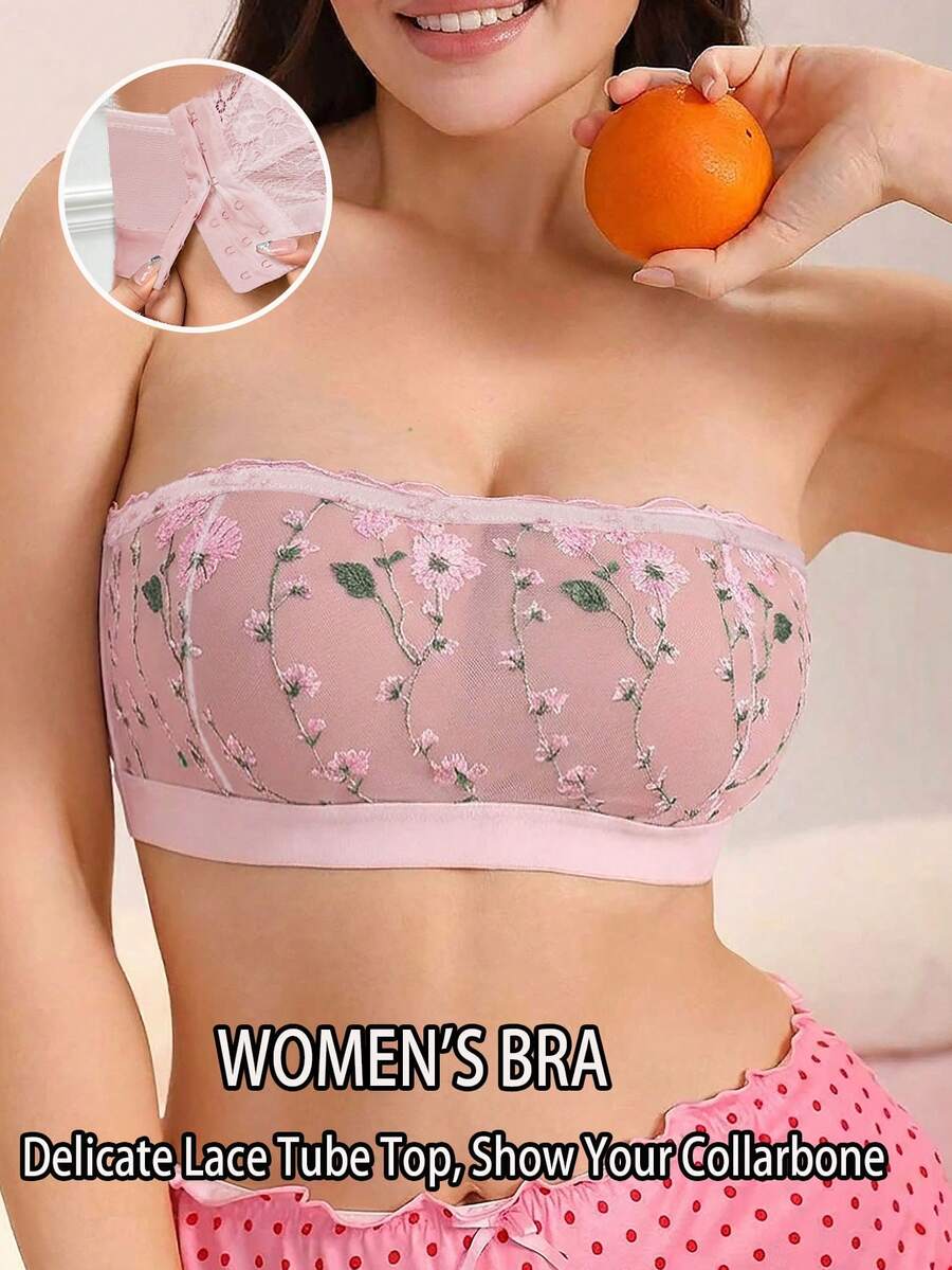 Plus Size Women's Floral Embroidered Patchwork Bra With Side Closure, Strapless Design, Soft Comfortable Wireless Bandeau - Pink - View 1