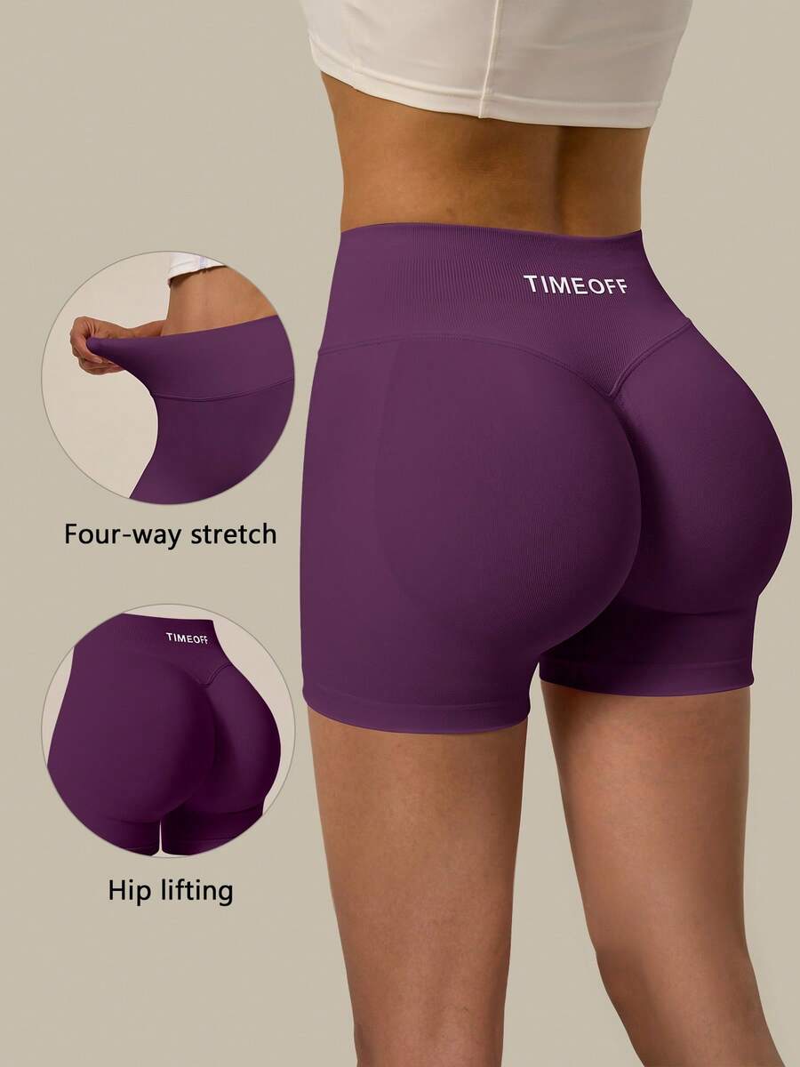 TimeOff Shorts deportivos para mujer de 1 pieza, color liso, cintura alta, cintura acanalada y glúteos fruncidos - Morado - Ver 1